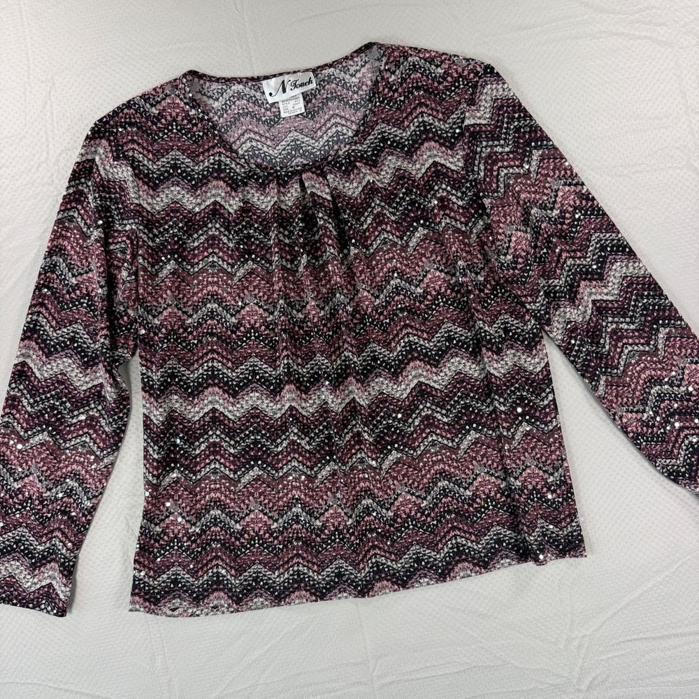 N Touch Women's Sequin Zig Zag Chevron Top Size M Pink Black Long Sleeve Blouse